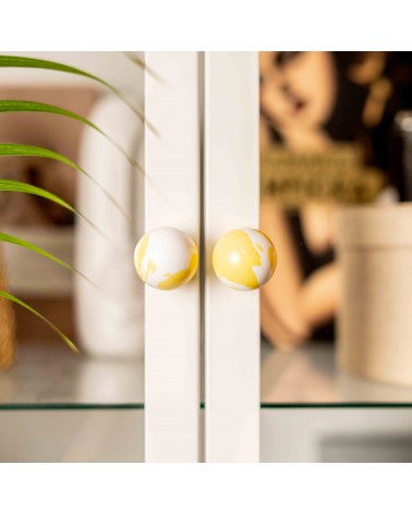 Pomello per mobile in legno di faggio giallo design vista frontale ravvicinata montato su una porta vetrata