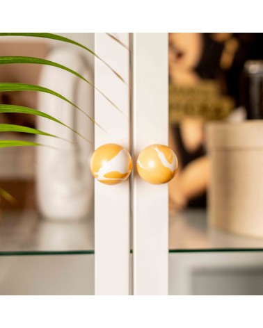 Pomello per mobile in legno di faggio arancione design vista frontale ravvicinata montato su una porta vetrata