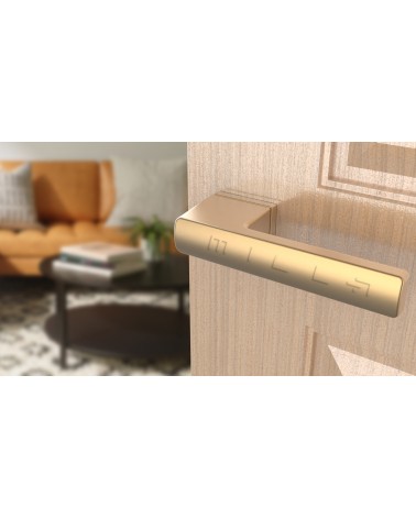 Maniglia per porta oro opaco BRISA maniglia design montata su una porta socchiusa