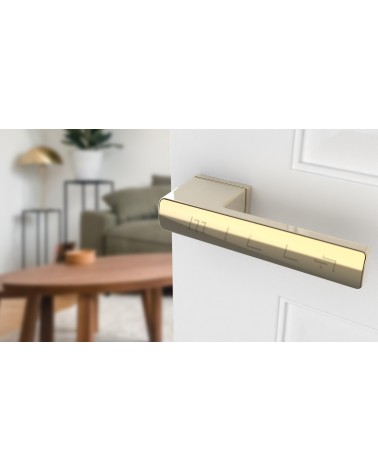 Maniglia per porta oro lucido BRISA maniglia di design montata su una porta socchiusa