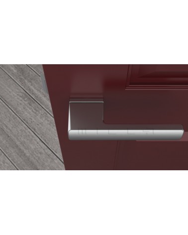 Maniglia per porta cromata satinata BRISA maniglia design montata su una porta vista dall'alto