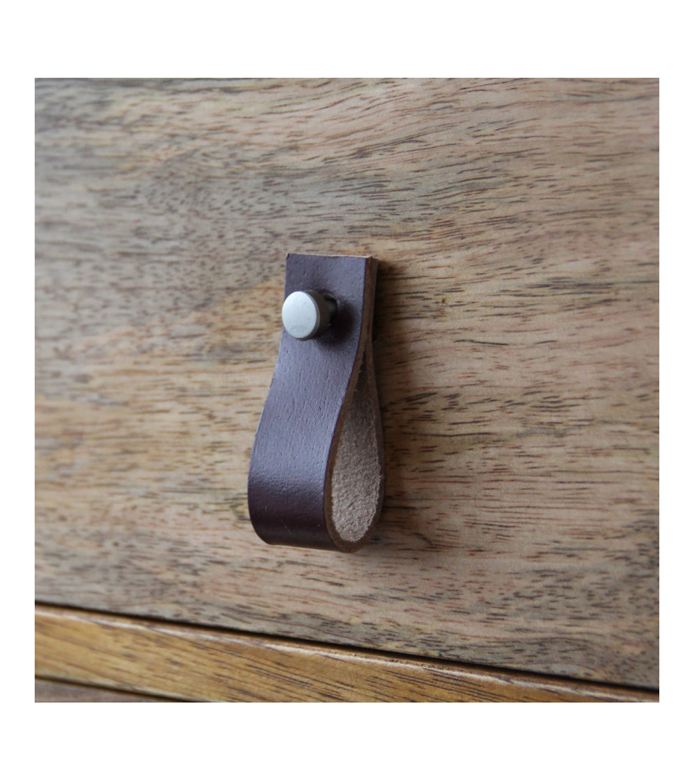 Pomolo per mobile a linguetta in pelle marrone scuro - maniglia design