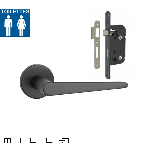 Maniglia porta nera con una serratura WC nera per una porta del bagno su sfondo bianco