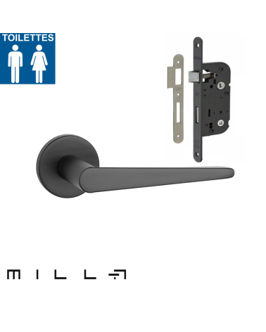 Maniglia porta nera con una serratura WC nera per una porta del bagno su sfondo bianco