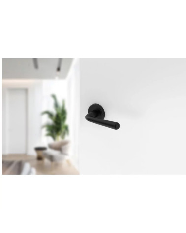 Maniglia per porta nera HANDY design montata su una porta socchiusa