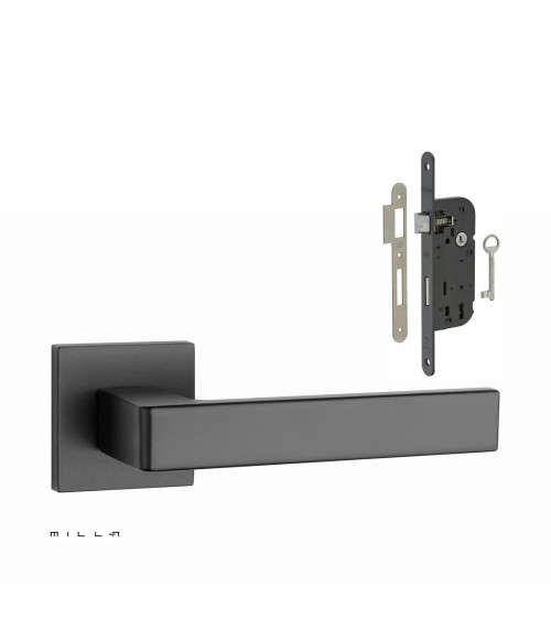 Set maniglia per porta nera SULLA con serratura Chiave da Camera nera su sfondo bianco