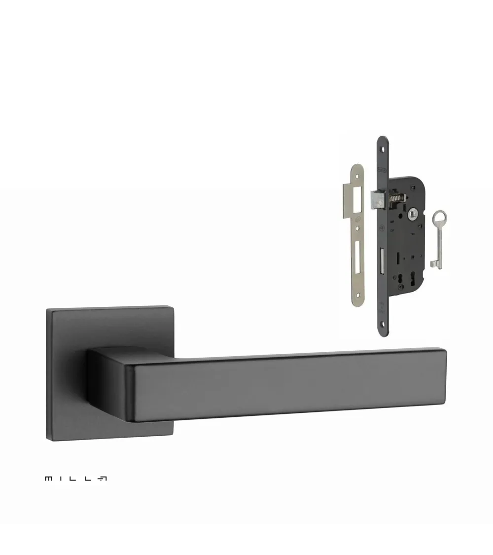 Set maniglia per porta nera SULLA con serratura Chiave da Camera nera su sfondo bianco