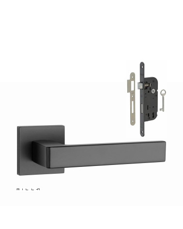 Set maniglia per porta nera SULLA con serratura Chiave da Camera nera su sfondo bianco