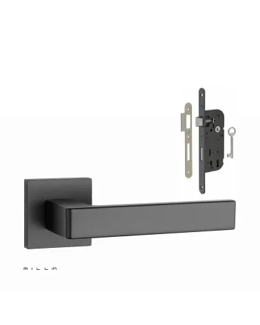 Set maniglia per porta nera SULLA con serratura Chiave da Camera nera su sfondo bianco