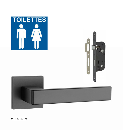 Set maniglia per porta nera SULLA con serratura WC nera su sfondo bianco