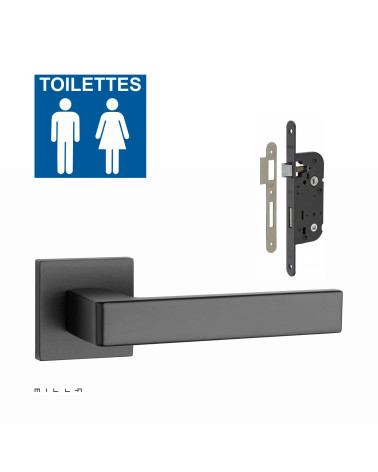 Set maniglia per porta nera SULLA con serratura WC nera su sfondo bianco