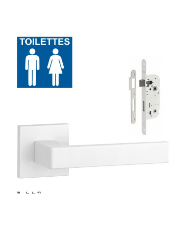 Set maniglia per porta bianca SULLA con serratura WC bianca su sfondo bianco