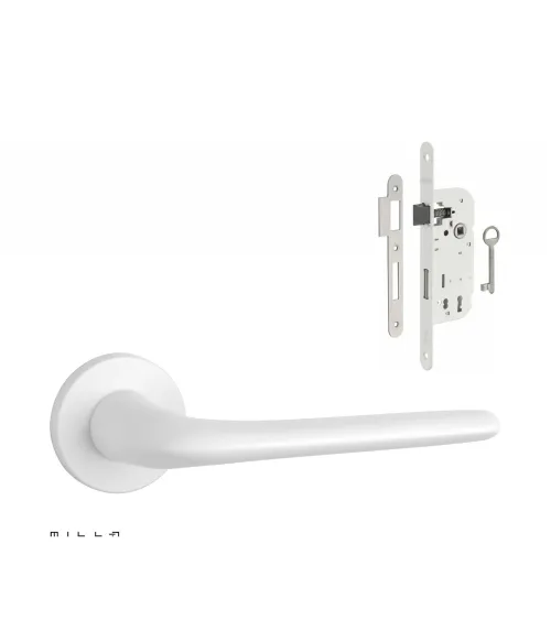 Set maniglia per porta bianca AZALIA con serratura Chiave di Camera bianca su sfondo bianco