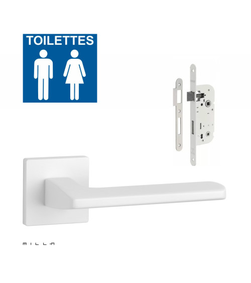 Set maniglia porta bianca YUKA con serratura WC bianca su fondo bianco