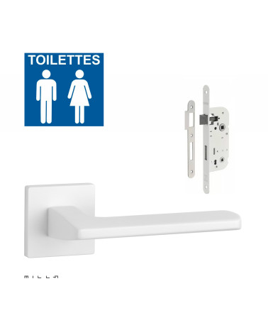 Set maniglia porta bianca YUKA con serratura WC bianca su fondo bianco