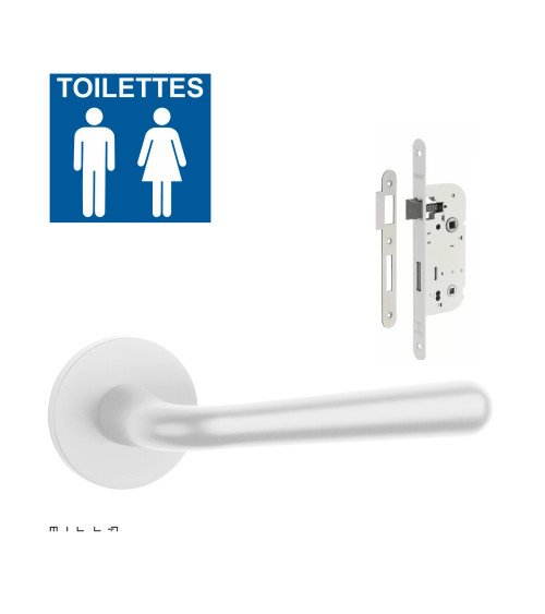 Set maniglia porta bianca IRGA con serratura WC bianca su sfondo bianco