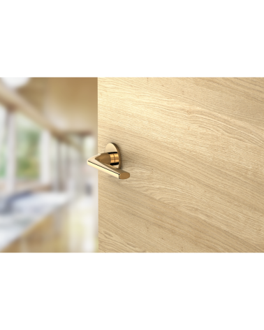 Maniglia per porta oro lucido Scandi slim ferramenta design montata su una porta