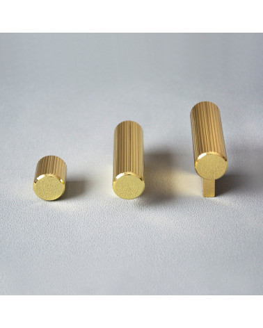 Pomello per mobile in oro lucido AVANTI a T maniglia design posato su sfondo grigio