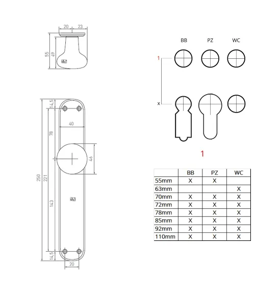 Pomolo per porta cromo spazzolato su placca di pulizia P40 - maniglia design