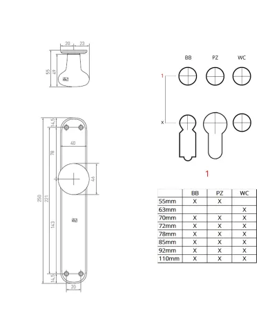 Pomello per porta in cromo spazzolato su placca di pulizia P40 - maniglia design