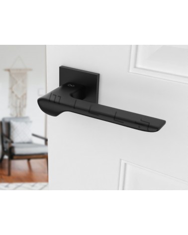 Maniglia per porta in zamak LIGNE maniglia design vista inclinata montata su una porta