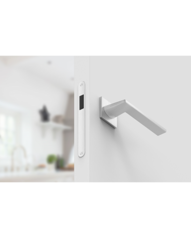 Maniglia per porta cromo satinato Harmony design vista dal basso montata su una porta