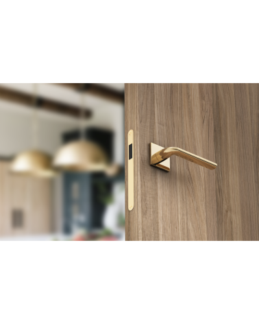Maniglia per porta oro opaco Scandi slim design vista di lato montata su una porta