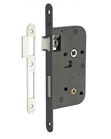 Serratura da incasso nera Thirard NF frontale in acciaio nero, asse 50mm, interasse 70mm, per WC o bagno