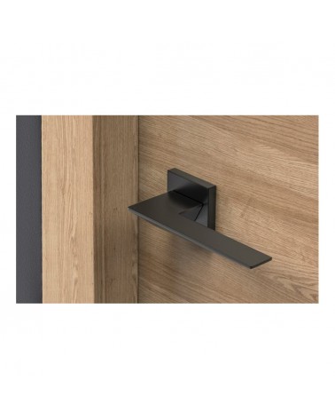 Maniglia per porta nera Blade design vista dall'alto montata su una porta