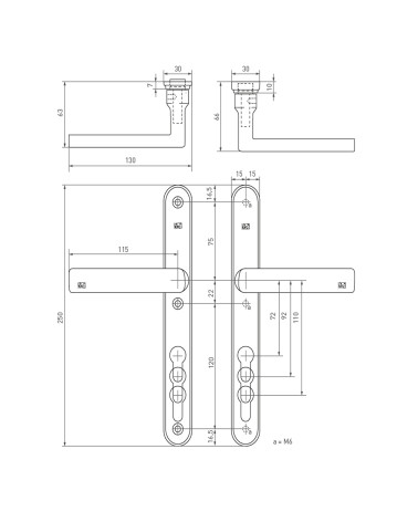 Maniglia per porta esterna di sicurezza placca stretta 1930 nera