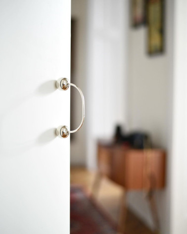 Maniglia per mobile in ottone 10 maniglia design fissata su una porta con uno sfondo sfocato