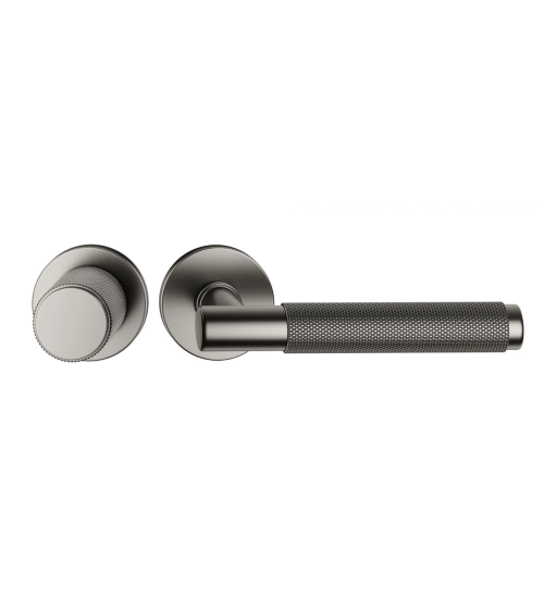 Duo asimmetrico maniglia e pomolo porta texturizzato grafite Time design maniglia vista frontale