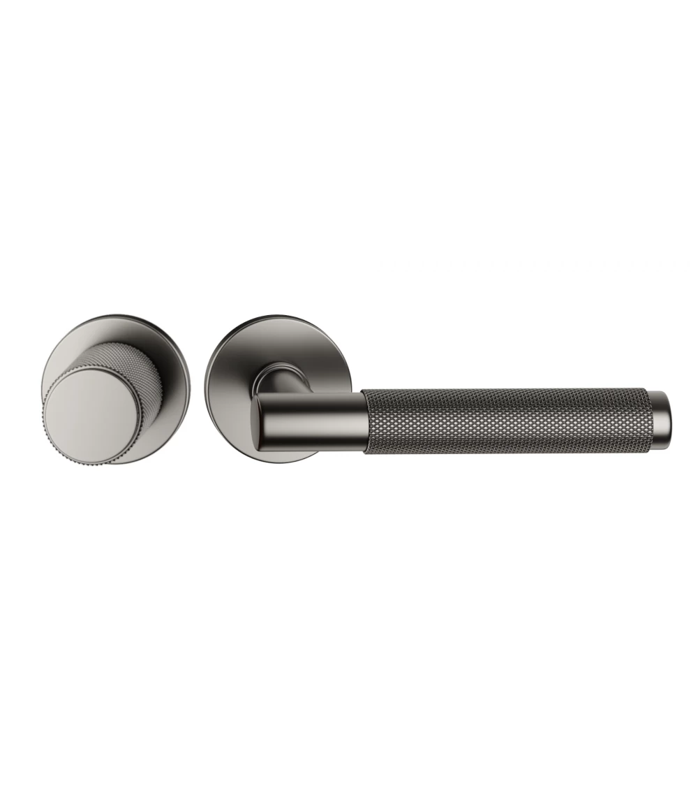 Duo asimmetrico maniglia e pomolo porta texturizzato grafite Time design maniglia vista frontale