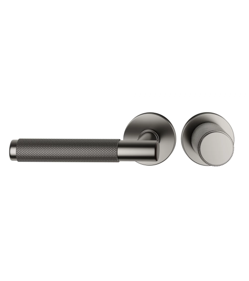 Duo asimmetrico maniglia e pomolo porta texturizzato grafite Time design maniglia vista frontale