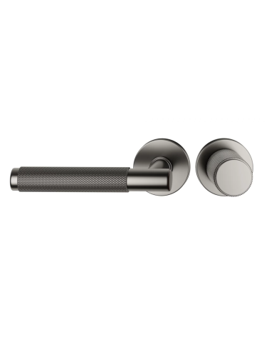 Duo asimmetrico maniglia e pomolo porta texturizzato grafite Time design maniglia allineati orizzontalmente