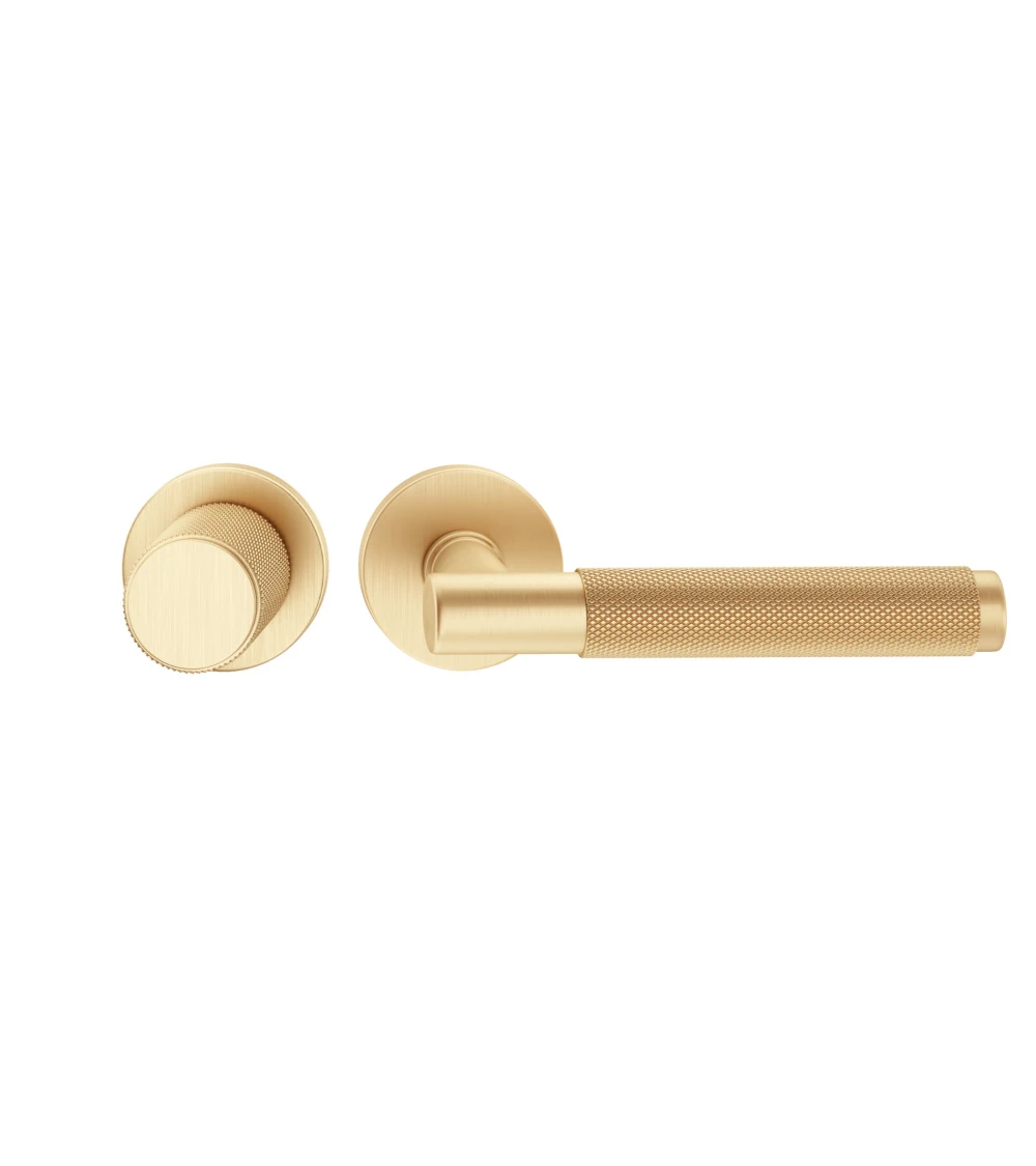 Duo asimmetrico maniglia e pomello porta testurizzato oro opaco Time maniglia design allineati orizzontalmente
