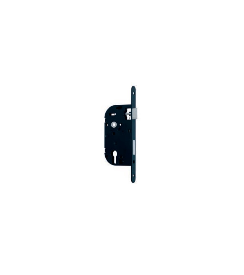 Serratura nera a cilindro NF frontale in acciaio nero, asse 50mm, interasse 70mm