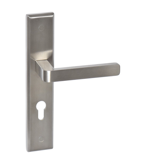 Maniglia di porta in inox su placca lunga modello Soho Prestige con foro cilindro - millapoignees
