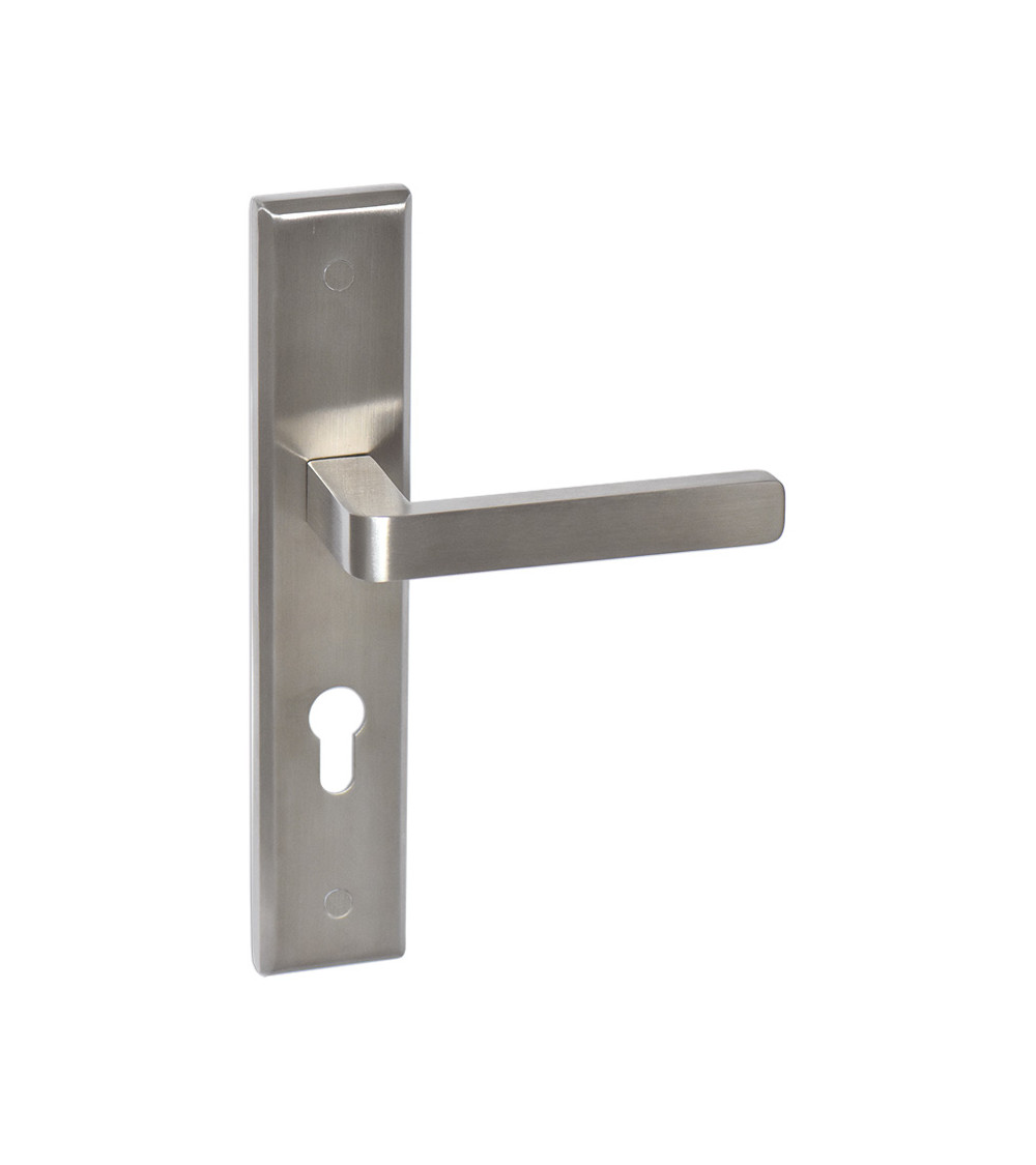 Maniglia di porta in inox su placca lunga modello Soho Prestige con foro cilindro - millapoignees