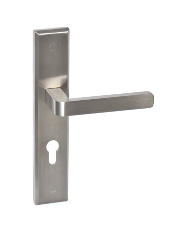 Maniglia di porta in inox su placca lunga modello Soho Prestige con foro cilindro - millapoignees