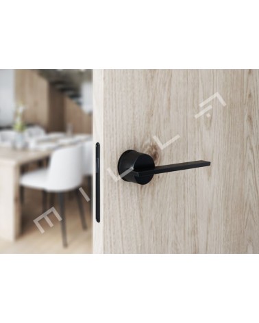Maniglia per porta futuristica JUMELLE maniglia design vista frontale montata su una porta socchiusa