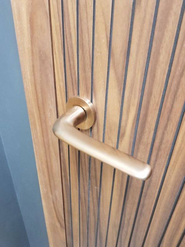 maniglia per porta oro opaco su una porta in legno